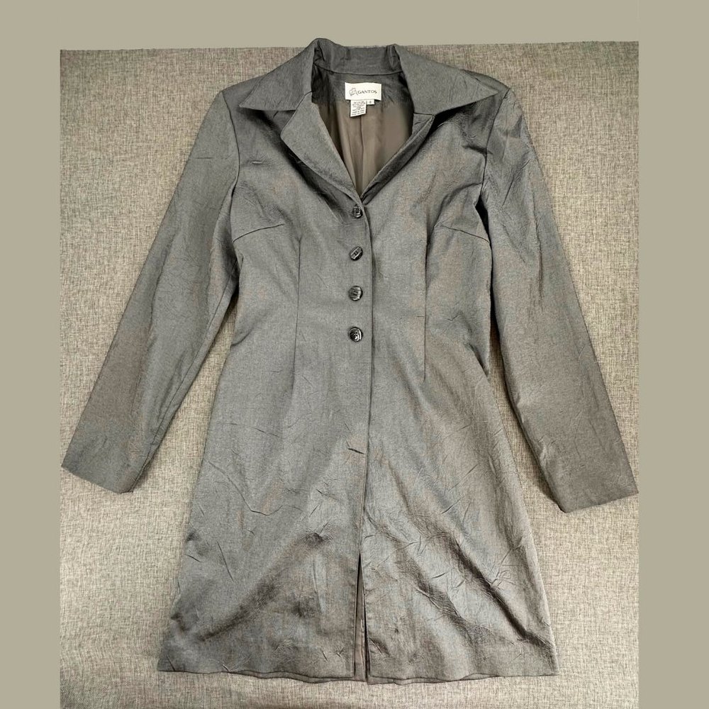 Vintage Gantos Trench Coat Gray Long Button Jacket Long Sleeve Collared 6 Line